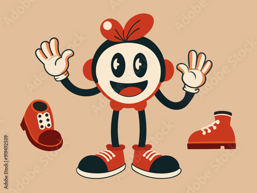 Retro leg, hand and face. Comic groovy hands in gloves, vintage legs and foot in shoes and funny emotion. Different poses arm and feet. Body parts mascot. Vector set
