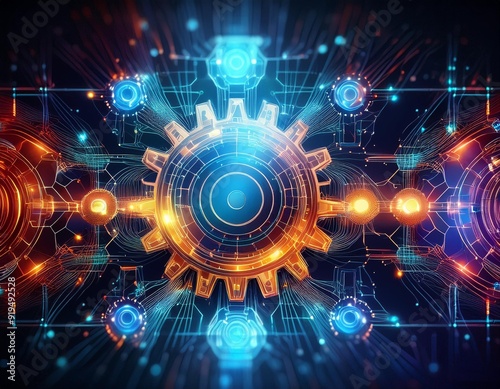 futuristic visualization of crm concept glowing technological gears interlock to form abstract network representing data flow and connectivity
