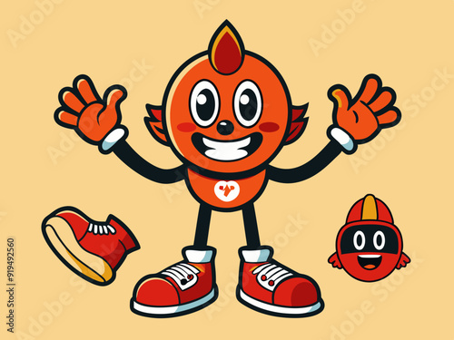 Retro leg, hand and face. Comic groovy hands in gloves, vintage legs and foot in shoes and funny emotion. Different poses arm and feet. Body parts mascot. Vector set
