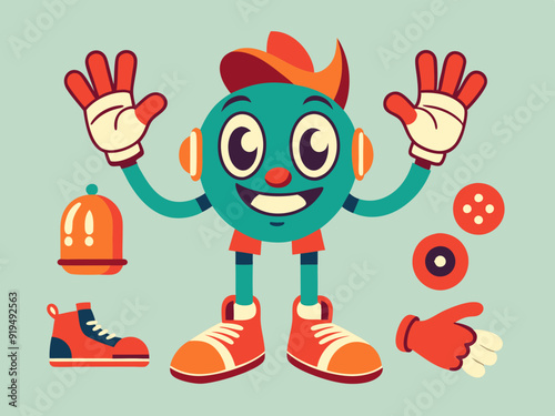 Retro leg, hand and face. Comic groovy hands in gloves, vintage legs and foot in shoes and funny emotion. Different poses arm and feet. Body parts mascot. Vector set
