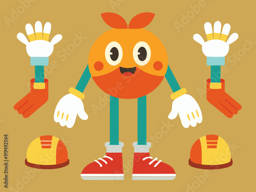Retro leg, hand and face. Comic groovy hands in gloves, vintage legs and foot in shoes and funny emotion. Different poses arm and feet. Body parts mascot. Vector set
