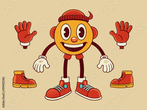 Retro leg, hand and face. Comic groovy hands in gloves, vintage legs and foot in shoes and funny emotion. Different poses arm and feet. Body parts mascot. Vector set
