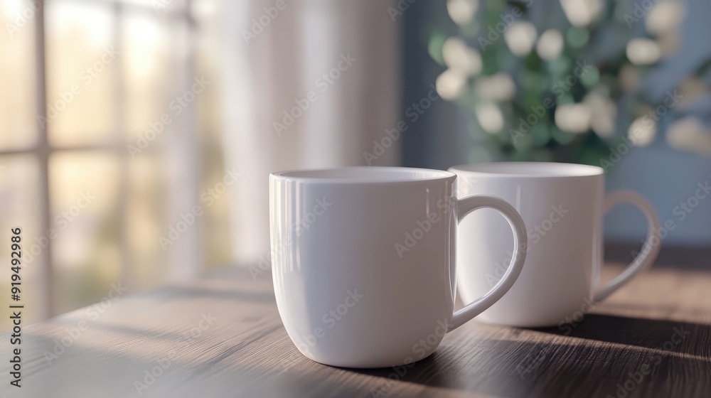 Fototapeta premium White ceramic mug installation in home interior. Ai generation