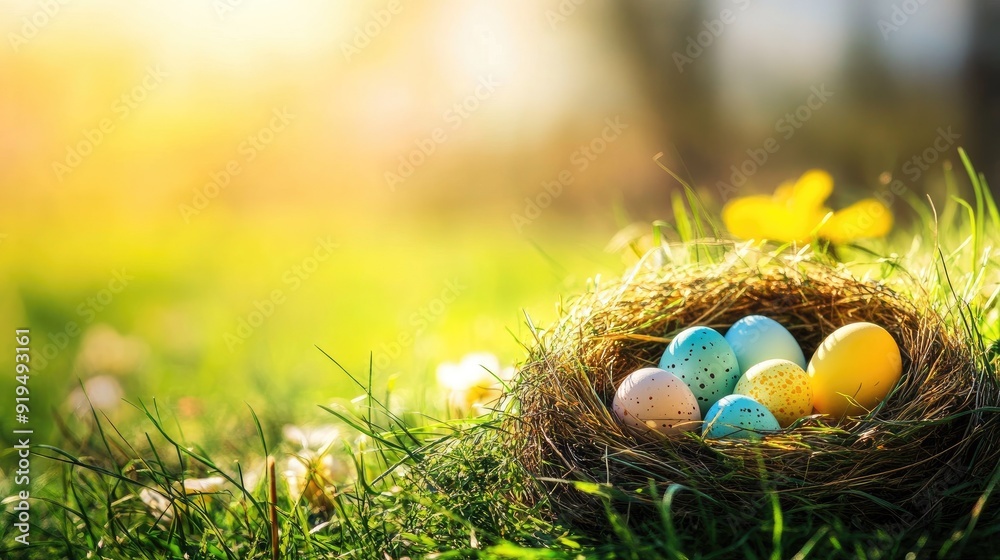 Nest with easter eggs in grass on a sunny spring day Nest with easter eggs in grass on a sunny spring day