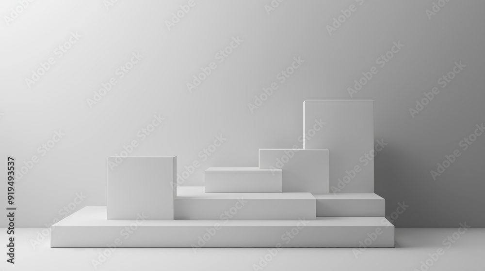 White geometric shapes arranged on a minimalist display platform against an empty gray wall White geometric shapes arranged on a minimalist display platform against an empty gray wall