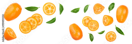 Fototapeta Naklejka Na Ścianę i Meble -  Cumquat or kumquat with slices isolated on white background with copy space for your text. Top view. Flat lay