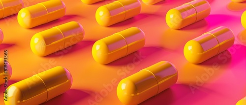 Surface covered in plastic, pearly, minimalist pills. Mustard-yellow pills perfectly orange like tiles. photo