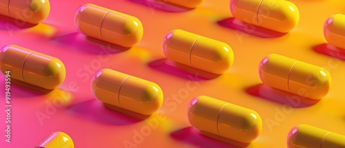 Surface covered in plastic, pearly, minimalist pills. Mustard-yellow pills perfectly orange like tiles. photo