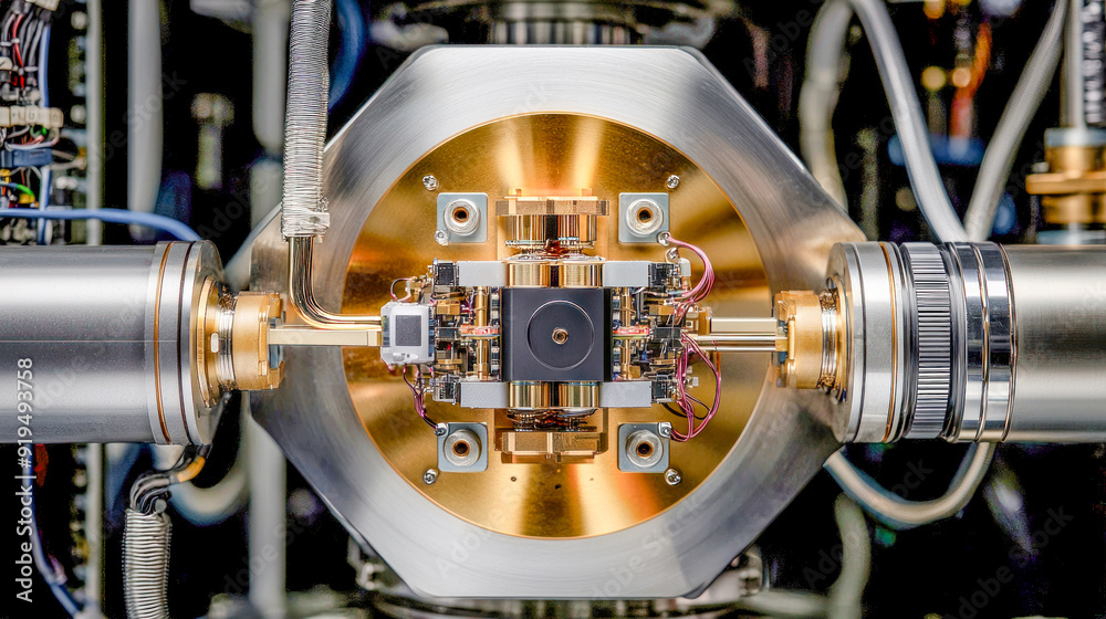 Obraz premium Representation of quantum processors with cooling systems and nested chips based on superconducting circuits symbolizing modern technological advancements in quantum computing