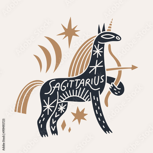 Boho cute zodiac Sagittarius sign, horoscope cartoon icon. Astrology cartoon animalistic character symbol, space celestial ornate constellation. Astrological hand-drawn avatar. Modern flat