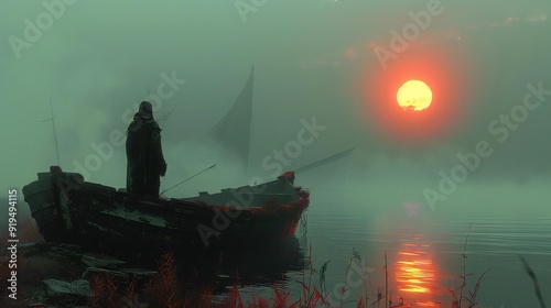 A Man standing on a Boat, watching the sun rise in winter