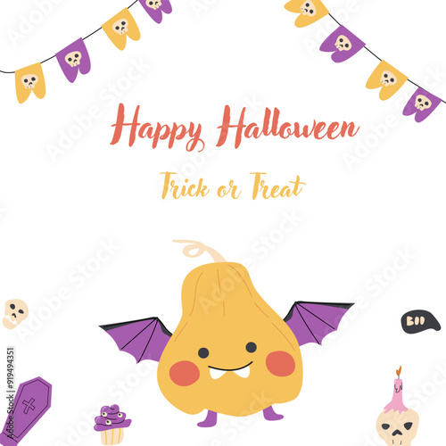 Childrens Halloween party cute card template. Cartoon characters pumkins in halloween holiday costume and spooky sweets. Cute monsters for autumn fall holidays party.