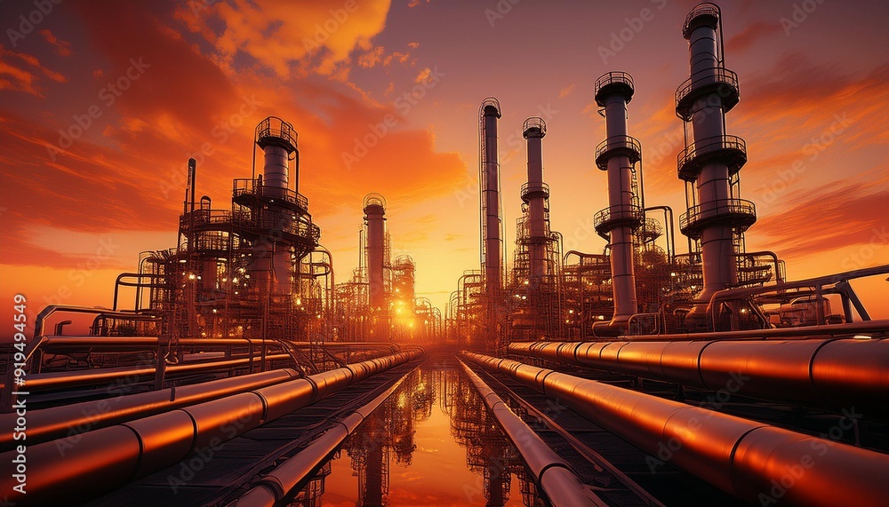 industrial refinery at twilight silhouette of intricate pipelines against fiery orange sky ethereal glow reflecting off metal structures industrial refinery at twilight silhouette of intricate pipelines against fiery orange sky ethereal glow reflecting off metal structures