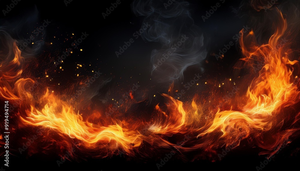intense fire border with swirling embers and billowing smoke against pitchblack background glowing sparks and flames create a dramatic hellish atmosphere intense fire border with swirling embers and billowing smoke against pitchblack background glowing sparks and flames create a dramatic hellish atmosphere