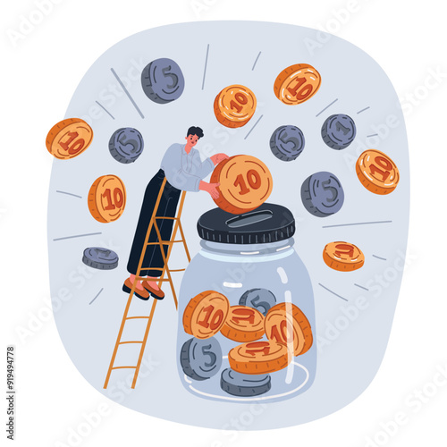 Adobe IlCartoon vector illustration of woman holding Saving Money In Glass Jar filled with Dollars banknotes. Managing personal finances extra income for future insecurity