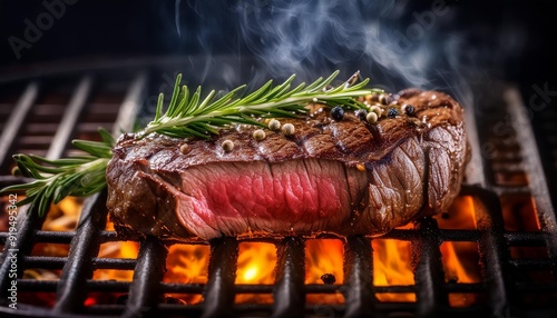 juicy mediumrare ribeye steak sizzling on a rustic grill adorned with fragrant rosemary sprigs and cracked black peppercorns closeup shot with vibrant colors and steam rising photo