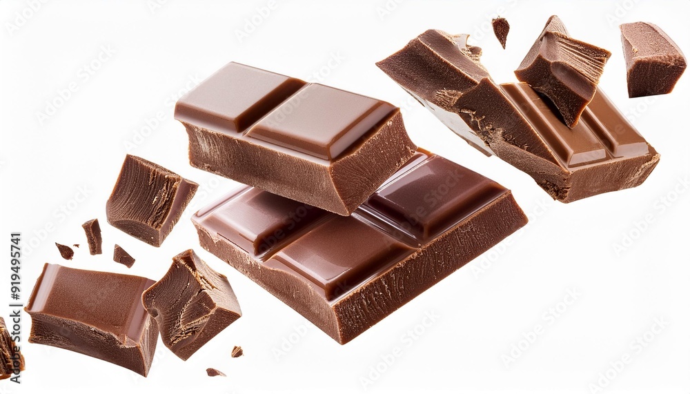 Levitating milk chocolate chunks isolated on white background. Broken chocolate bar pieces and cocoa crumbs falling on white background. Levitating milk chocolate chunks isolated on white background. Broken chocolate bar pieces and cocoa crumbs falling on white background.