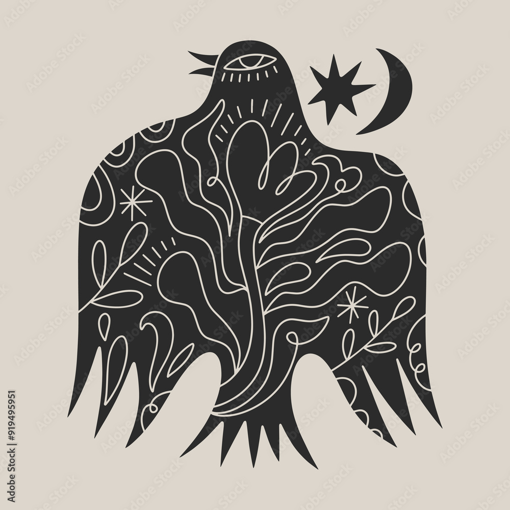 Obraz premium Modern woodland folk bird tribal boho patterned animal in Scandinavian style. Floral Slovak ornament, inspired by northern mythology and fairy tales. Swedish folklore drawing, Nordic flowers pattern