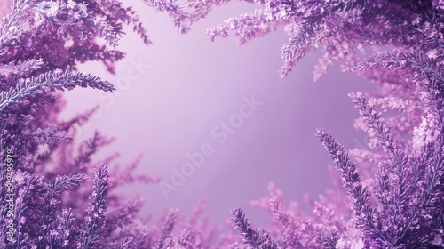 Wreath of lavender branches with copy space, natural organic floral frame purple background. Ai generation