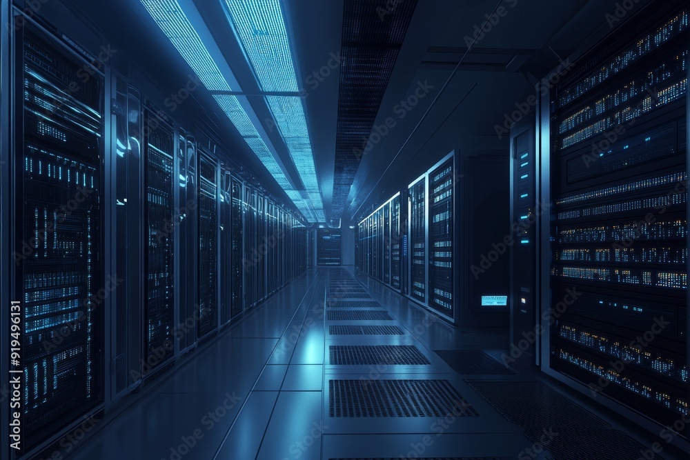 The server room is dark with glowing computer equipment. The server room is dark with glowing computer equipment.