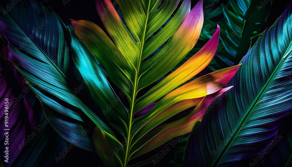 lush tropical foliage in vivid hues leaves dramatically backlit against inky black background creating exotic jungle illusion lush tropical foliage in vivid hues leaves dramatically backlit against inky black background creating exotic jungle illusion