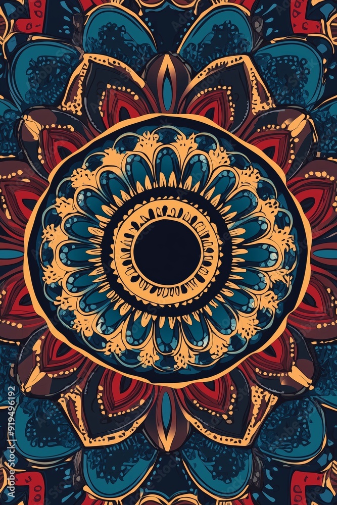 Obraz premium A colorful flower with a black center. The flower is surrounded by a blue and red border. The flower is very detailed and has a lot of intricate patterns