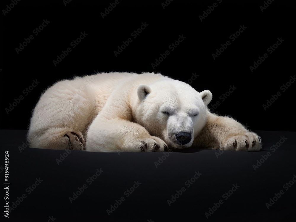 A sleeping polar bear isolated against a black backdrop. A sleeping polar bear isolated against a black backdrop.