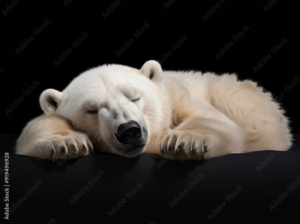 A sleeping polar bear isolated against a black backdrop. A sleeping polar bear isolated against a black backdrop.