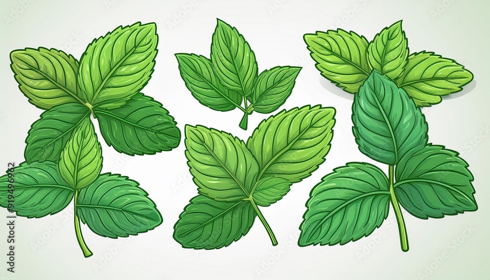 Mint leaves isolated on white background. Melissa Pattern. Set Fresh mint, menthol leaf. Collection. Mint leaves isolated on white background. Melissa Pattern. Set Fresh mint, menthol leaf. Collection.