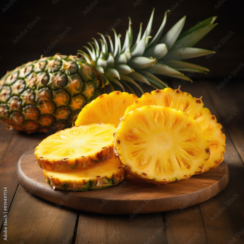 The Vibrant Golden Yellow Pineapple Slices Perfectly Arranged on a Rustic Wooden Platter, Exuding Freshness The Vibrant Golden Yellow Pineapple Slices Perfectly Arranged on a Rustic Wooden Platter, Exuding Freshness