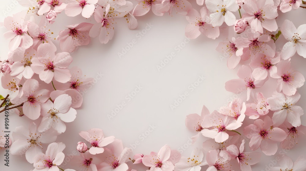 Wreath of small light pink cherry sakura flowers, copy space, natural organic floral frame. The generation of AI Wreath of small light pink cherry sakura flowers, copy space, natural organic floral frame. The generation of AI