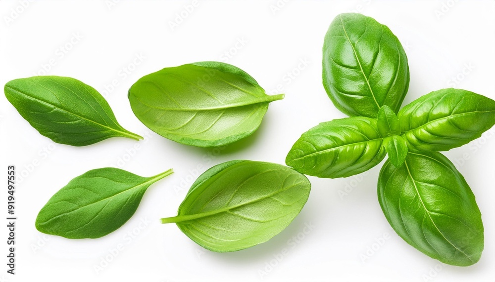 Organic Basil leaves and ruccola herb isolated on white background. Herbs Pattern. Flat lay, top view. Food ingredient concept Organic Basil leaves and ruccola herb isolated on white background. Herbs Pattern. Flat lay, top view. Food ingredient concept