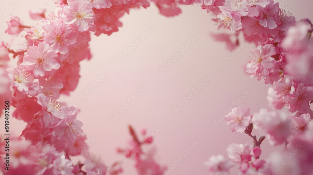 Wreath of small light pink cherry sakura flowers, copy space, natural organic floral frame. The generation of AI Wreath of small light pink cherry sakura flowers, copy space, natural organic floral frame. The generation of AI