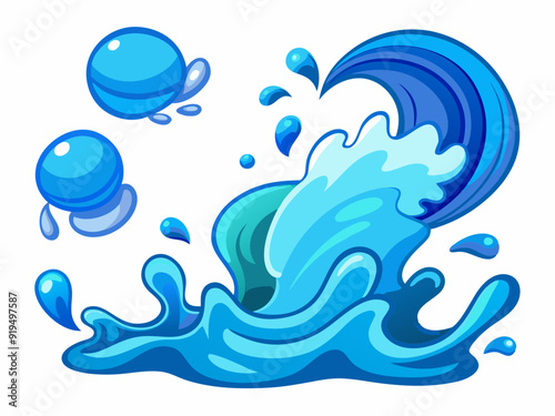 Water splash. Cartoon blue water drops, puddle, spray and waves. Nature object spatters, sputter, splashdown. Clean aqua motion concept. Vector set
