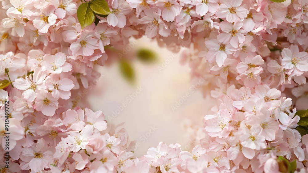 Obraz premium Wreath of small light pink cherry sakura flowers, copy space, natural organic floral frame. The generation of AI