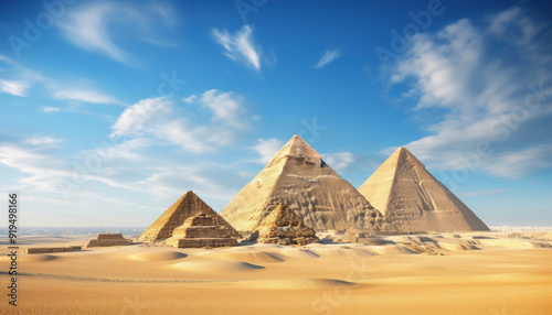 Majestic Pyramids Standing Tall Against the Vastness of the Desert Under a Pristine Blue Sky