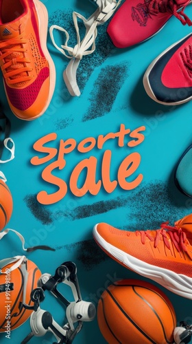 Vibrant sports equipment and colorful shoes are arranged on a bright blue background, promoting a special sale event