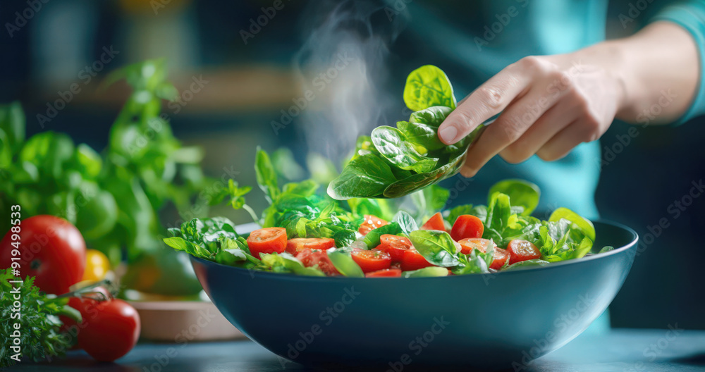 Fresh vegetables being added to a bowl of salad, showcasing healthy eating and vibrant colors in a kitchen setting. Fresh vegetables being added to a bowl of salad, showcasing healthy eating and vibrant colors in a kitchen setting.