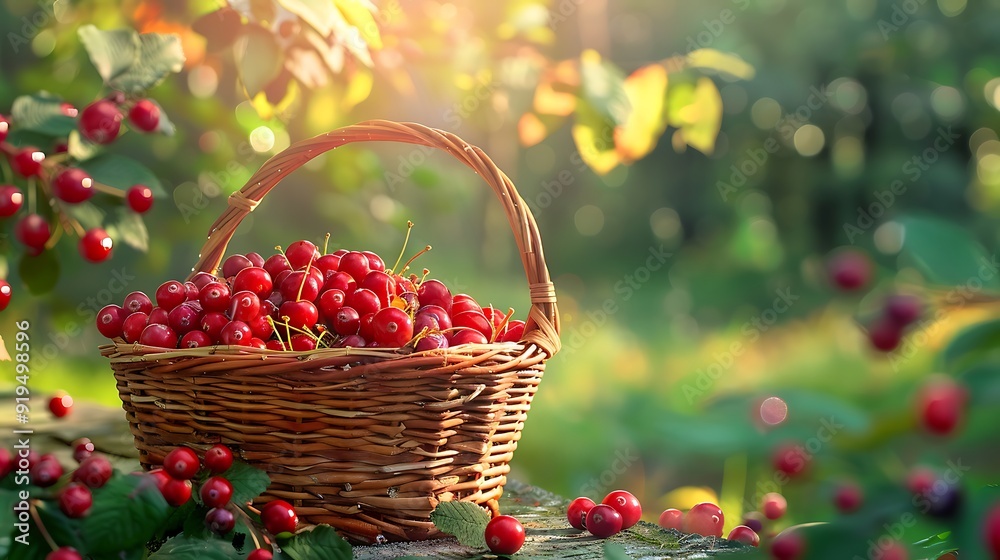 Realistic photo of basket with lots of Cranberries inside with beautiful yard background, 8k Realistic photo of basket with lots of Cranberries inside with beautiful yard background, 8k
