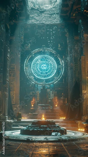 Ancient mystical temple with glowing runes, illuminated by ethereal light and surrounded by intricate stonework, exuding a mystical atmosphere.