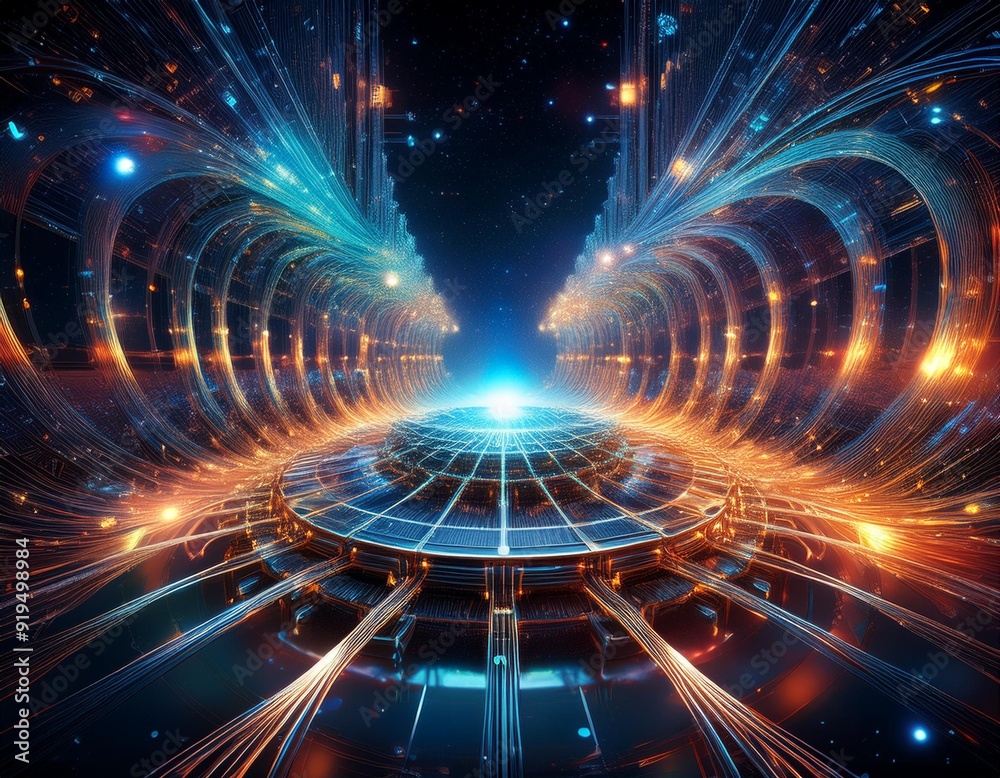 Obraz premium quantum computer core visualized as a cosmic web of entangled particles data streams flow through crystalline structures forming a galactic network of information