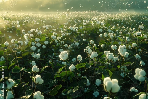 Morning mist over lush green cotton field with white bolls