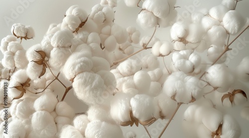 Close-up of fluffy white cotton bolls on branches indoors