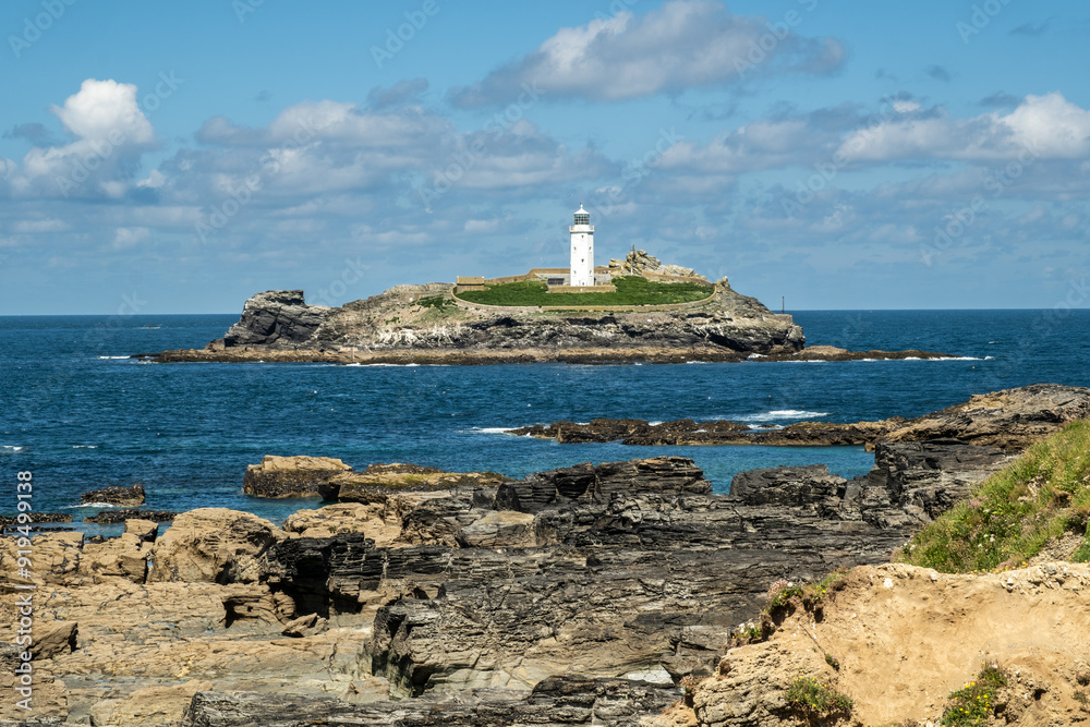 Godrevy Lighthouse was built in 1858–1859 on Godrevy Island in St Ives Bay, Cornwall. Godrevy Lighthouse was built in 1858–1859 on Godrevy Island in St Ives Bay, Cornwall.