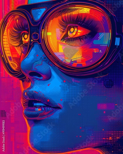 Vibrant digital artwork of a futuristic woman with neon goggles and vivid colors. Perfect for tech, futuristic, and artistic themes.