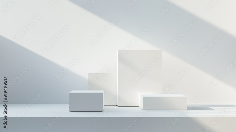 White geometric shapes arranged on a minimalist table illuminated by sunlight in a modern indoor space White geometric shapes arranged on a minimalist table illuminated by sunlight in a modern indoor space