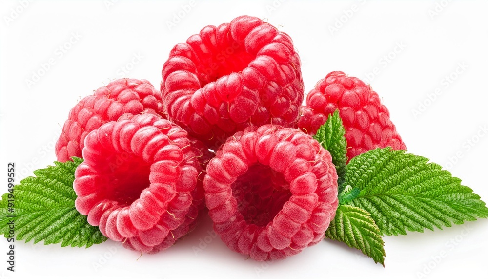 Raspberry isolated. Fresh raspberries with mint leaves on white background. Heap of raspbrries top view, flat lay, package design. Macro. Raspberry isolated. Fresh raspberries with mint leaves on white background. Heap of raspbrries top view, flat lay, package design. Macro.