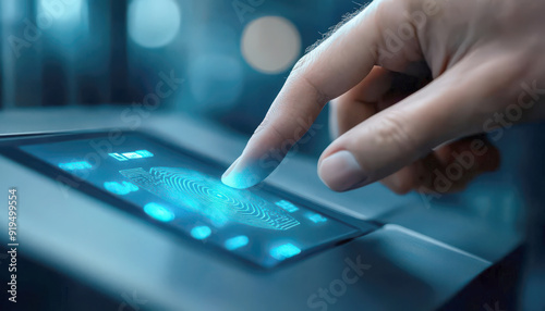 A close-up of a hand interacting with a biometric fingerprint scanner on a modern touchscreen device.