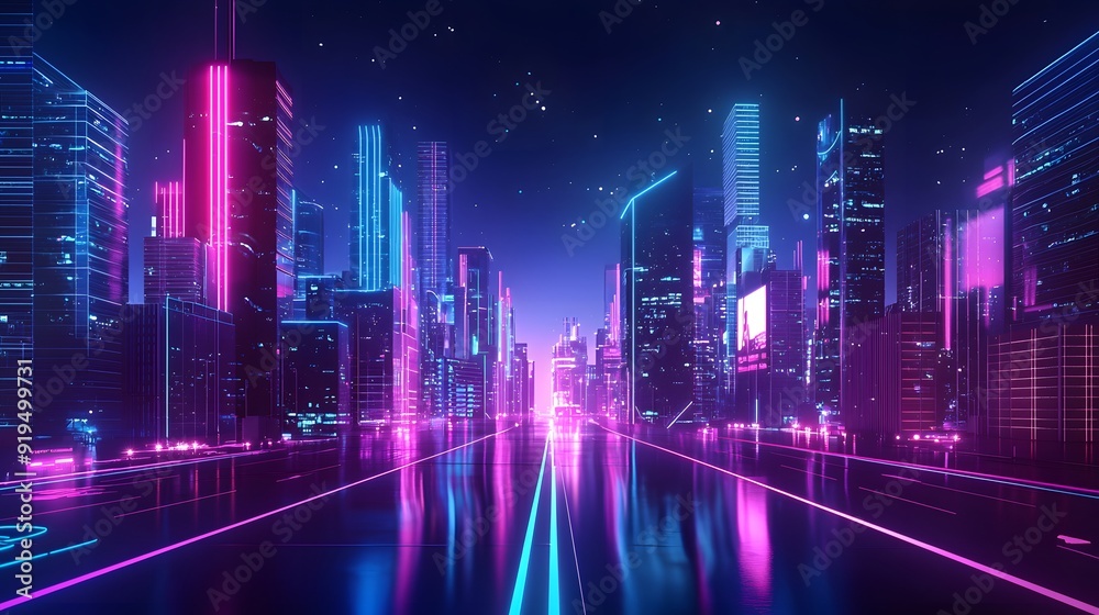 Neon Cityscape: A mesmerizing digital art illustration of a futuristic city bathed in vibrant neon lights. The shimmering cityscape, with its towering skyscrapers and glowing streets, evokes a sense o Neon Cityscape: A mesmerizing digital art illustration of a futuristic city bathed in vibrant neon lights. The shimmering cityscape, with its towering skyscrapers and glowing streets, evokes a sense o