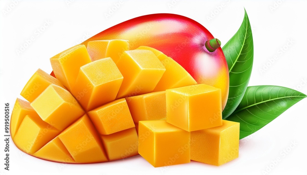 Ripe mango fruit isolated on white background. Mango composition. Mango with leaves and sliced cubes. Package design element. Ripe mango fruit isolated on white background. Mango composition. Mango with leaves and sliced cubes. Package design element.